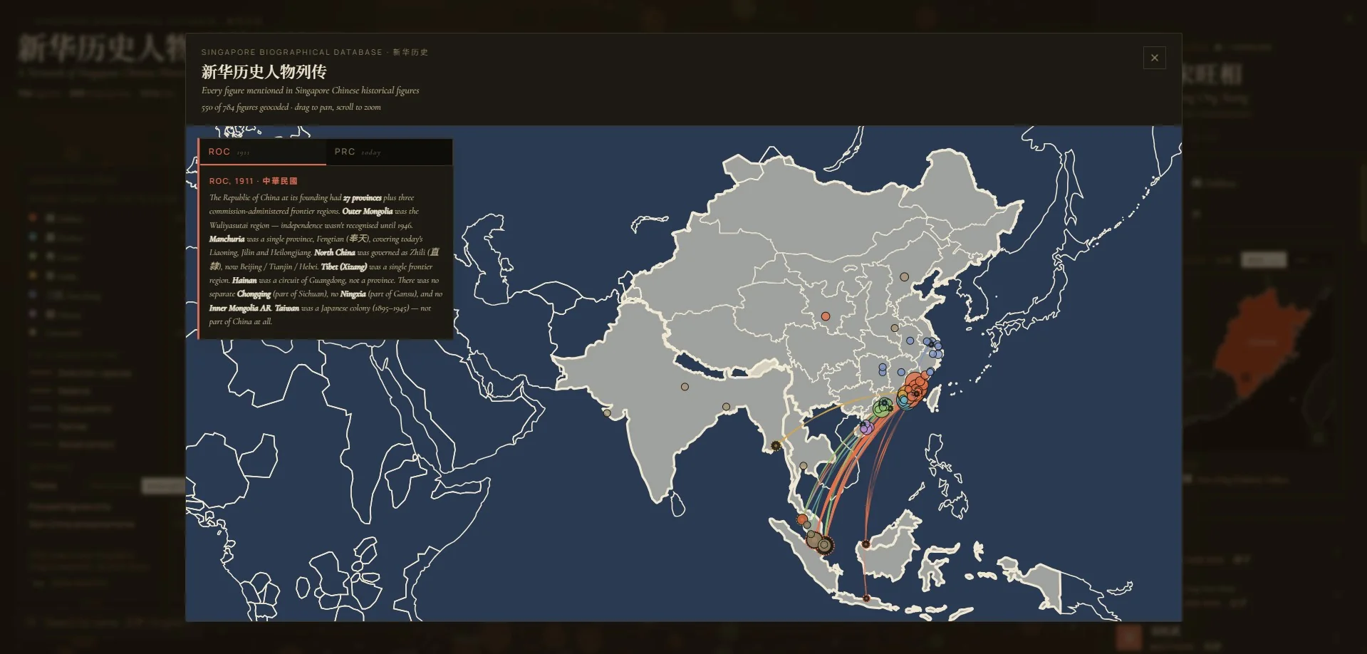 Singapore Chinese Historical Network &mdash; migration arcs over 1911 China